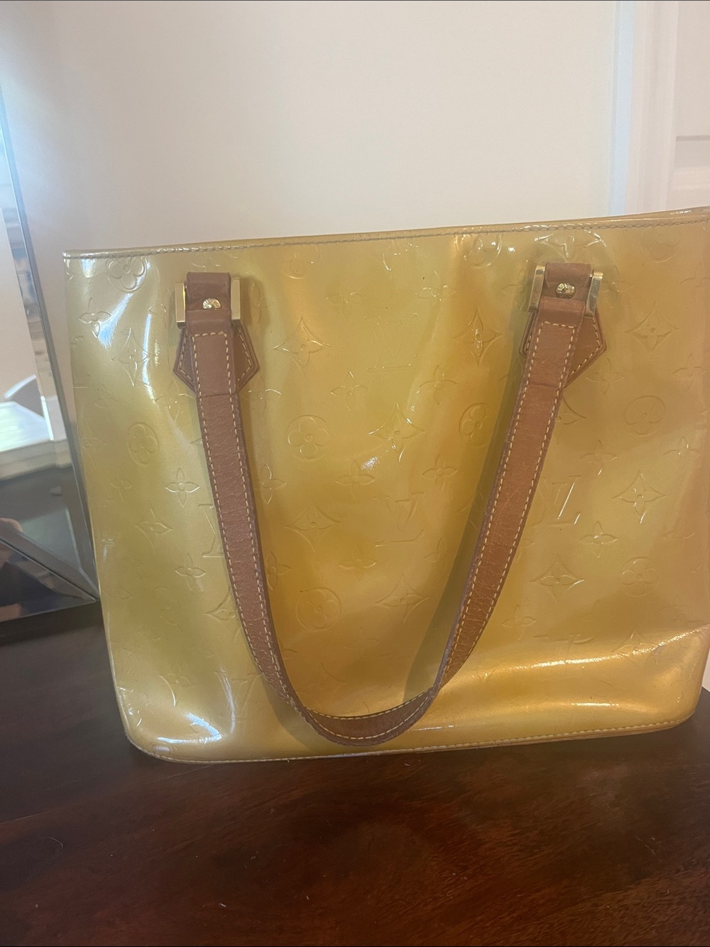 Louis Vuitton Yellow Vernis Patent Leather Tote with Brown Straps